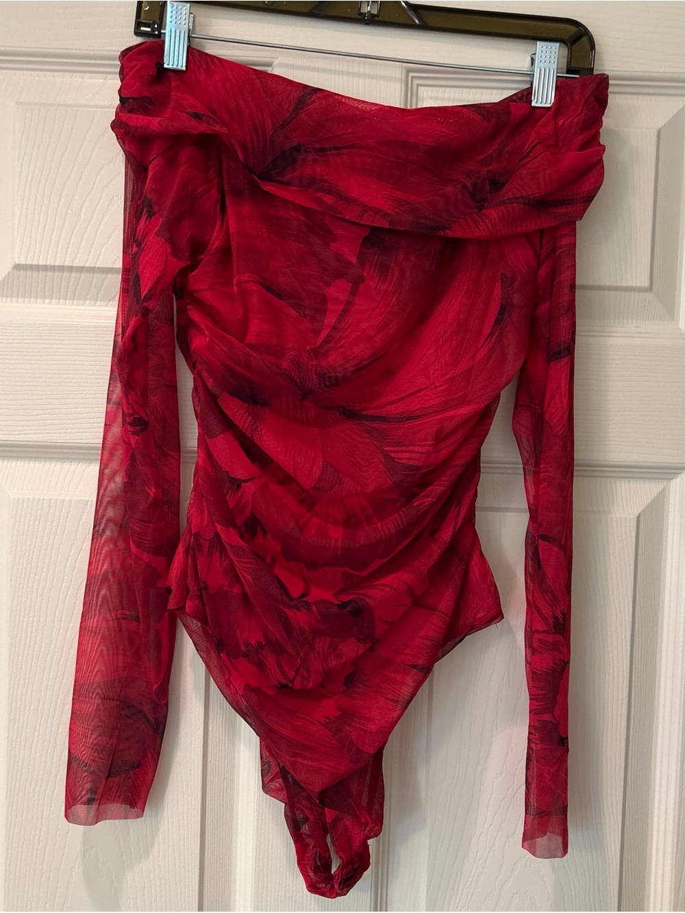 Etiquette Red Sheer Printed Off-Shoulder Top